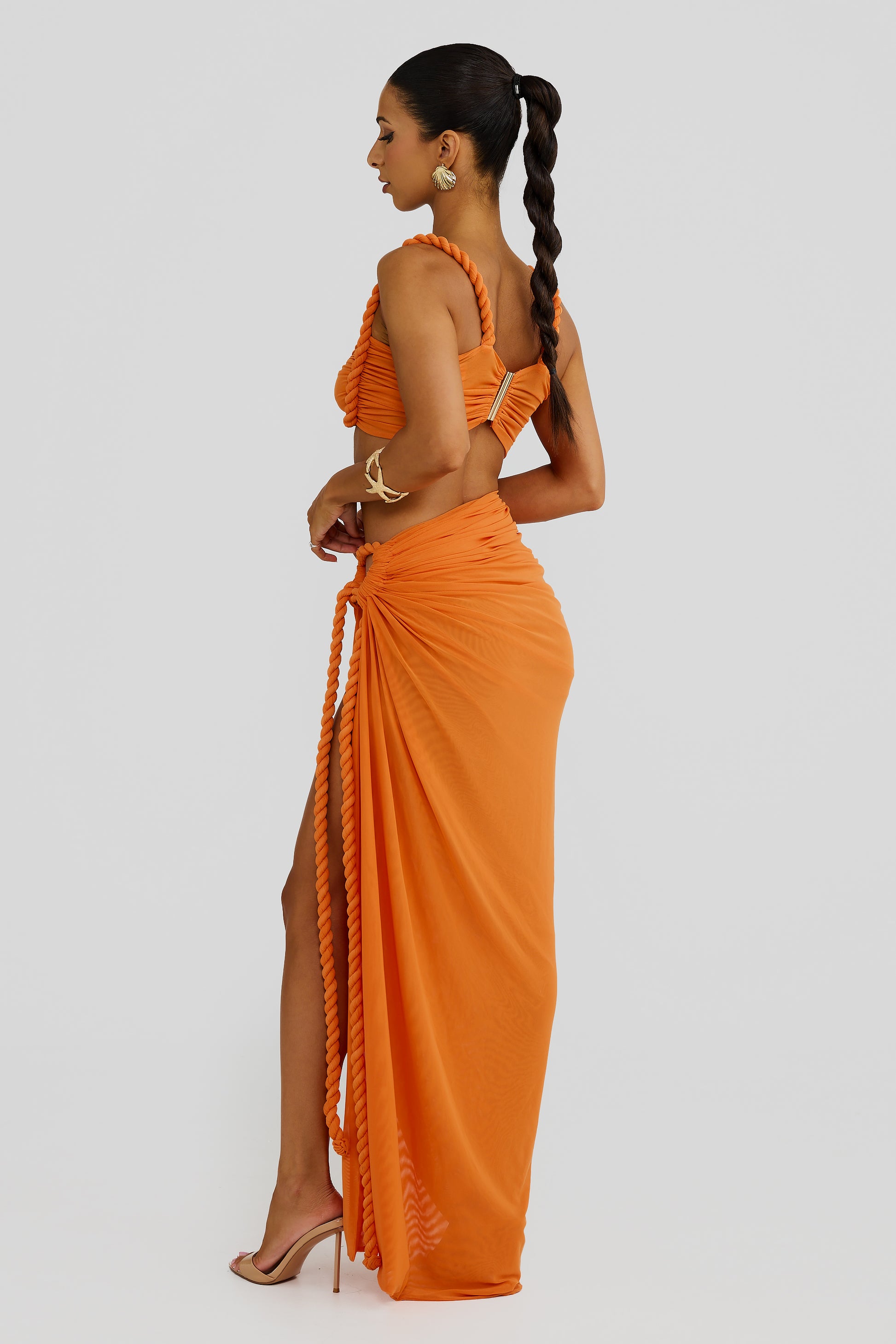 saira midi dress in orange sorbet Bardot